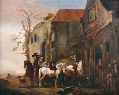 Jeźdźcy i konie u drzwi karczmy autorstwa Pieter Wouwermans or Wouwerman