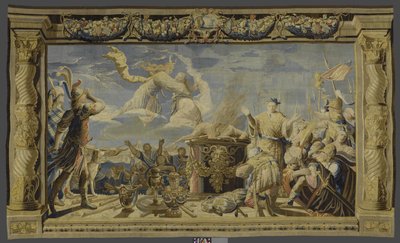Gobelin przedstawiający interwencję Artemidy podczas przygotowywania ofiary Ifigenei Historia Ifigenei i Orestesa (tytuł serii) autorstwa Pieter de Cracht (workshop of)