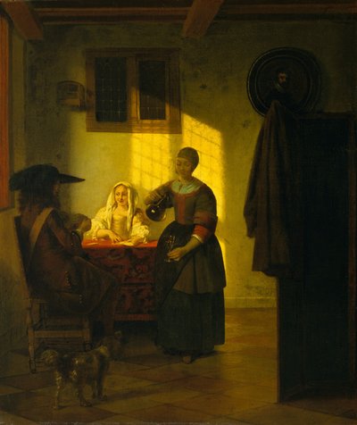 Para do gry w karty z usługującą kobietą, ca. 1665-75. autorstwa Pieter de Hooch