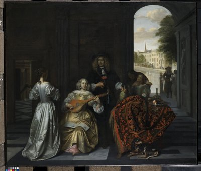Muzyczne przyjęcie (olej na płótnie) autorstwa Pieter de Hooch