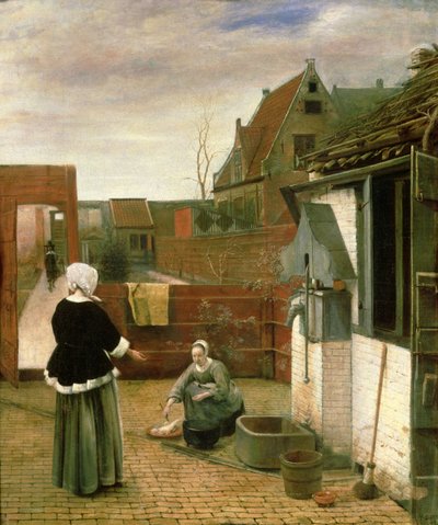 Kobieta i pokojówka na dziedzińcu, ok. 1660-61 autorstwa Pieter de Hooch