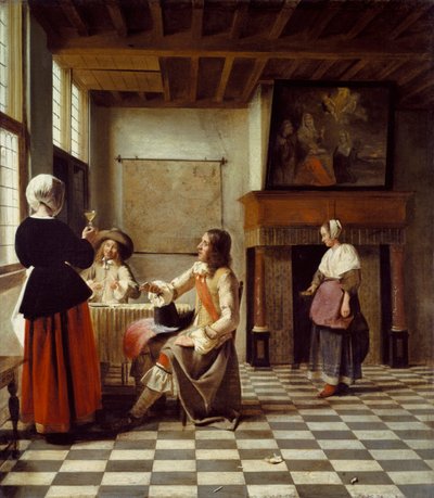 Wnętrze, z kobietą pijącą z dwoma mężczyznami i służącą autorstwa Pieter de Hooch