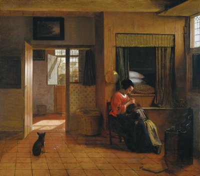 Pokój wewnętrzny z matką czyszczącą włosy dziecka, znany jako „Praca Matki” autorstwa Pieter de Hooch