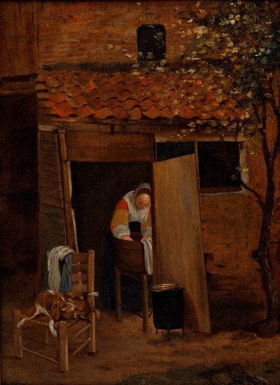Dziewczyna piorąca ubrania na dziedzińcu w Zwolle, po 1653 (olej na płótnie) autorstwa Pieter de Hooch