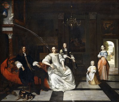 Portret grupowy rodziny Jacott-Hoppesack z psem we wspaniałym klasycznym wnętrzu, dama i dżentelmen przechadzający się po parku przez drzwi za nim, autorstwa Pieter de Hooch