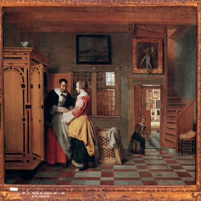 Wnętrze z kobietami obok lnianej skrzyni autorstwa Pieter de Hooch