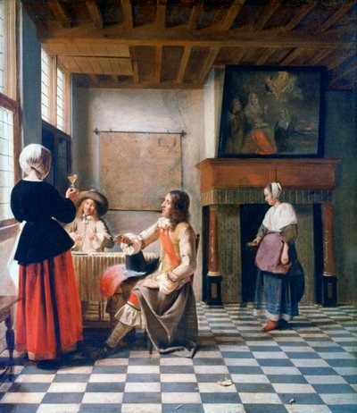 Wnętrze, Kobieta pijąca z dwoma mężczyznami i służącą, c1658 autorstwa Pieter de Hooch
