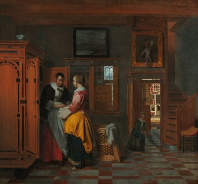 Wnętrze z kobietami obok lnianej szafki autorstwa Pieter de Hooch