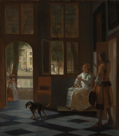 Mężczyzna wręczający kobiecie list w holu wejściowym domu autorstwa Pieter de Hooch