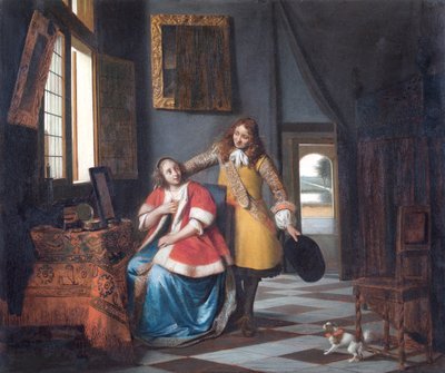 Intruz: dama w toalecie, zaskoczona swoim kochankiem autorstwa Pieter de Hooch