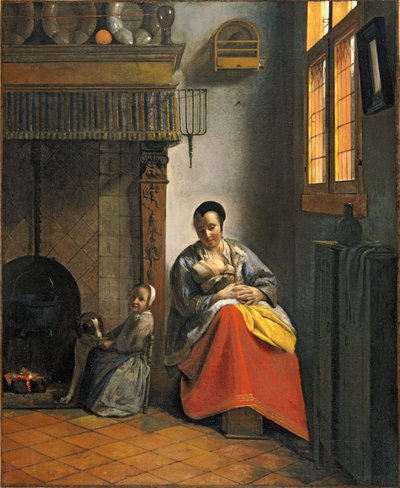 Kobieta karmiąca niemowlę, z dzieckiem i psem autorstwa Pieter de Hooch
