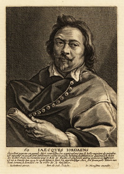 Portret Jacquesa Jordaensa, flamandzkiego malarza, rysownika i projektanta gobelinów, znanego z obrazów historycznych, scen rodzajowych i portretów autorstwa Pieter de II Jode