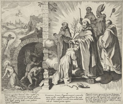 Catharina biddend / Visioen van Catharina / Catharina wordt Dominikany Scenes uit het leven en wonderen van de Heilige Catharina van Siena (tytuł serii) Życie, śmierć i wybrane cuda B. Katarzyny Starszej (...) (tytuł serii) autorstwa Pieter de Jode (I)