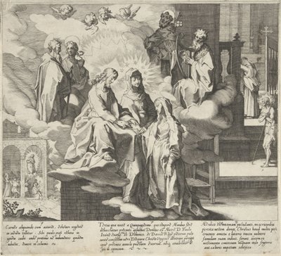 Pojawia się Katarzyna / Ślub Katarzyny / Katarzyna dzieli swój płaszcz Sceny z życia i cudów św. Katarzyny ze Sieny (tytuł serii) Vita mors gesta, et miracula quaedam selecta B. CATHERINAE SENENSIS (...) (tytuł serii) autorstwa Pieter de Jode (I)