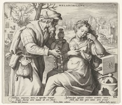 Temperament melancholijny Melancholikowie (tytuł na obiekcie) Cztery temperamenty (tytuł serii) autorstwa Pieter de Jode (I)