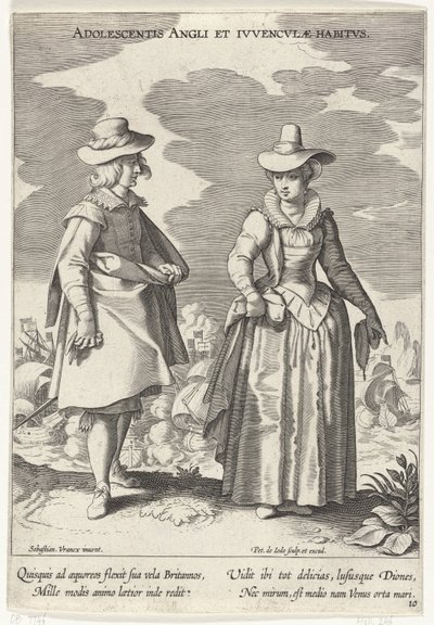 Paar, gekleed volgens de Engelse mode, ca. 1610 Adolescent English and English Habits (tytuł na obiekcie) Kostuums uit verschiedelden landen (tytuł serii) Ozdoby różnych narodów (tytuł serii) autorstwa Pieter de Jode (I)