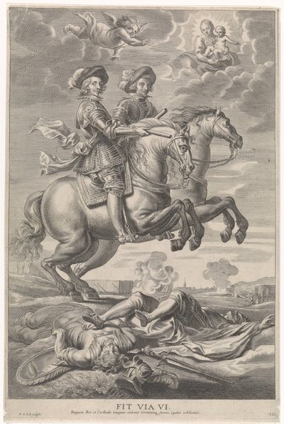 Ferdynand Austrii z Ferdynandem, królem Czech i Węgier, na koniu podczas zwycięstwa pod Nördlingen Radosny wjazd Kardynała Dzieciątka w Gandawie, 1635 (tytuł serii) autorstwa Pieter de Jode (II)