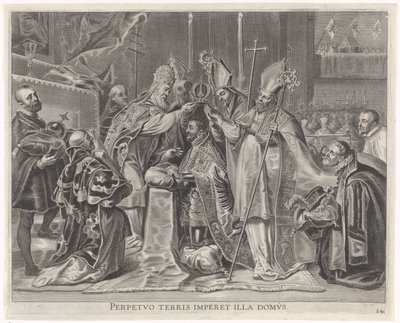 Karol V koronowany na cesarza przez papieża Radosny wjazd Kardynała Dzieciątka w Gandawie, 1635 (tytuł serii) autorstwa Pieter de Jode (II)