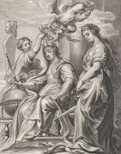 Alegoria Dobrego Rządu, usadowiona w centrum i zwieńczona putto i wo..., ca. 1640-74. autorstwa Pieter de Jode II