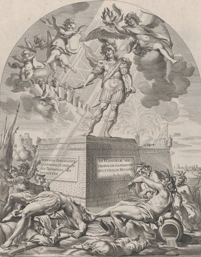 Ilustracja 1: Ferdynand jako Mars, stojący na piedestale, z „Serenissim...” Williama Becanusa, 1636. autorstwa Pieter de Jode II