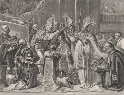 Ilustracja 24: Karol V koronowany na cesarza przez papieża, z „Serenissimi P...” Williama Becanusa, 1636. autorstwa Pieter de Jode II