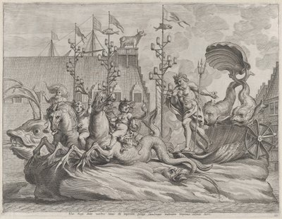 Ilustracja 35: Filip Hiszpański jako Neptun, jadący rydwanem zaprzężonym w dwa konie morskie, z Gu..., 1636. autorstwa Pieter de Jode II