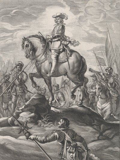 Ilustracja 8: Ferdynand na koniu przemierzający Alpy, z „Serenissimi...” Guillielmusa Becanusa, 1636. autorstwa Pieter de Jode II