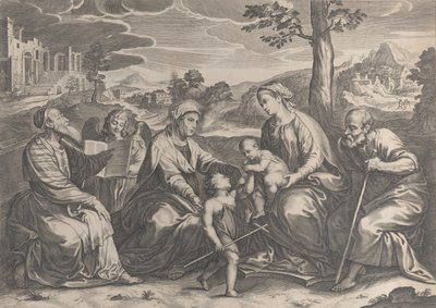 Święta Rodzina po prawej, z Dzieciątkiem Św. Jan Chrzciciel, Elżbieta, Zachariasz,..., 1631-37. autorstwa Pieter de Jode II