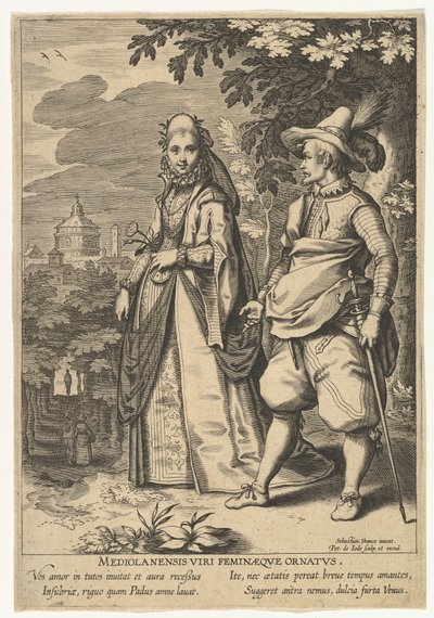 Mediolan dla mężczyzn i kobiet z kolekcji Fashions of Different Nations.n.d. autorstwa Pieter de Jode I