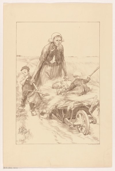 Rolnik pchający taczkę z sianem i dwójką dzieci autorstwa Pieter de Josselin