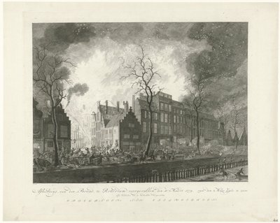 Pożar w Alei Garncarskiej w Rotterdamie, 1779 Image, van den Brand, pojawił się w Rotterdamie, jedenastego. Marzec 1779. Van den Maas Silk na wystawie (tytuł na obiekcie) autorstwa Pieter de Mare