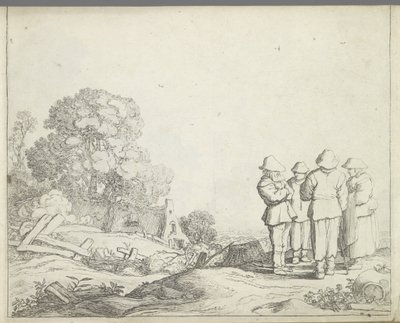 Krajobraz z trzema rolnikami i żoną farmera Krajobrazy z postaciami (tytuł serii) Lustro Natury i Szkoła Rysunku (...) (tytuł serii) autorstwa Pieter de Molijn