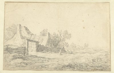 Krajobraz wydmowy z trzema postaciami przed farmą autorstwa Pieter de Neyn