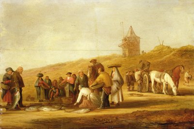 Rybacy sprzedający swój połów na plaży (olej na płótnie) autorstwa Pieter de Neyn