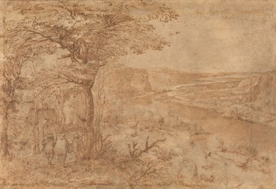 Krajobraz z pielgrzymami (długopis i brązowy tusz na papierze) autorstwa Pieter Bruegel the Elder