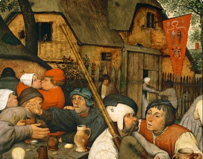 Taniec chłopski. Flaga oznacza dom publiczny (malowidło na drewnie dębowym) autorstwa Pieter the Elder Bruegel