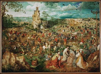 Niesienie krzyża z autoportretem Bruegla po prawej stronie pnia drzewa (obraz na drewnie dębowym) autorstwa Pieter the Elder Bruegel