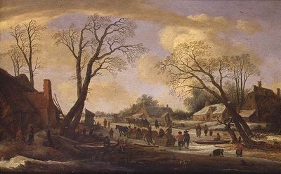 Zimowy krajobraz rzeczny z chłopami i saniami ciągniętymi przez konie autorstwa Pieter the Elder Molyn