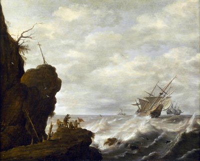 Holenderski statek na wzburzonym morzu przy skalistym wybrzeżu, ok. 1640 (olej na drewnie) autorstwa Pieter the Elder Mulier