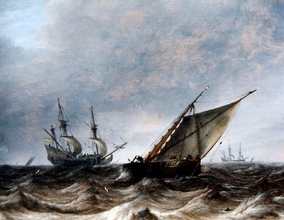 Smalschip i Man-of-War w wzburzonych morzach (olej na panelu) autorstwa Pieter the Elder Mulier
