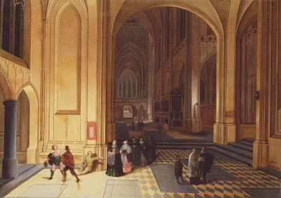 Wnętrze katedry z żebrakiem i innymi postaciami autorstwa Pieter the Elder Neeffs