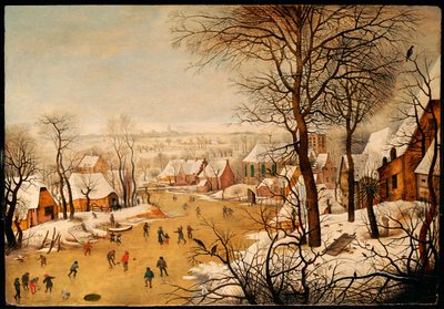 Zimowy krajobraz z łyżwiarzami i pułapką na ptaki autorstwa Pieter Brueghel the Younger