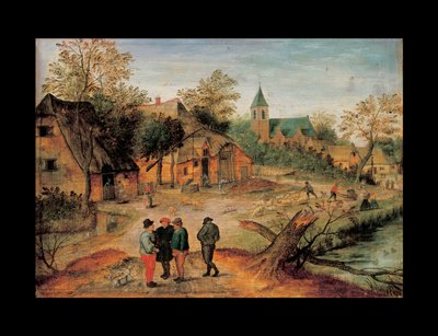Krajobraz wsi z rolnikami rozmawiającymi na pierwszym planie, 1634 autorstwa Pieter Brueghel the Younger