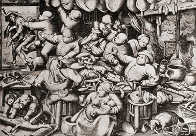 Wyrzucenie żebraka z kuchni bogacza, w XVI wieku (rycina) autorstwa Pieter the Younger Brueghel