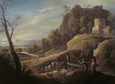Krajobraz z rolnikami opiekującymi się zwierzętami autorstwa Pieter the Younger Mulier