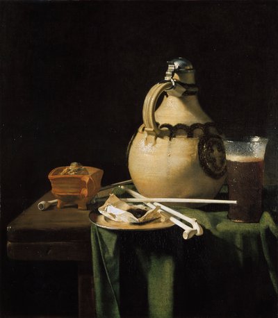 Martwa natura z glinianym dzbanem i glinianymi fajkami autorstwa Pieter van Anraedt
