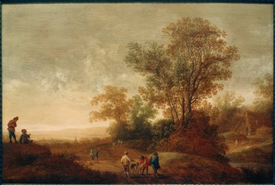 Krajobraz rzeki z polowaniem autorstwa Pieter van Asch