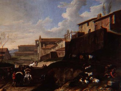 Widok Capriccio z kościołami, domkami i podróżnikami (olej) autorstwa Pieter van Bloemen