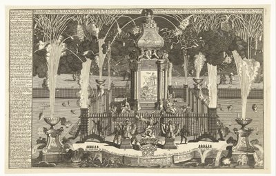 Fajerwerki na cześć pokoju w Utrechcie, 1713 Holenderskie fajerwerki pokojowe wzniesione przez Noble Groot Mogende Heeren w Holandii i Zachodniej Fryzji, wystrzeliwane w rzece do Hagi (...) (tytuł na obiekcie) autorstwa Pieter van Buysen jr.