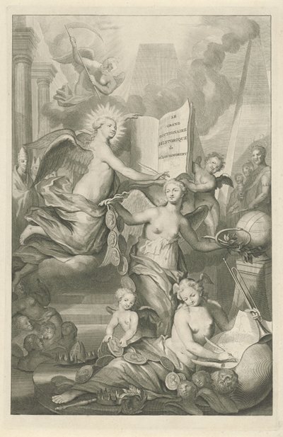 Sława, wieczność i sztuka pisania Strona tytułowa Louisa Moréri, Le grand dictionaire historique, 1731 autorstwa Pieter van Gunst